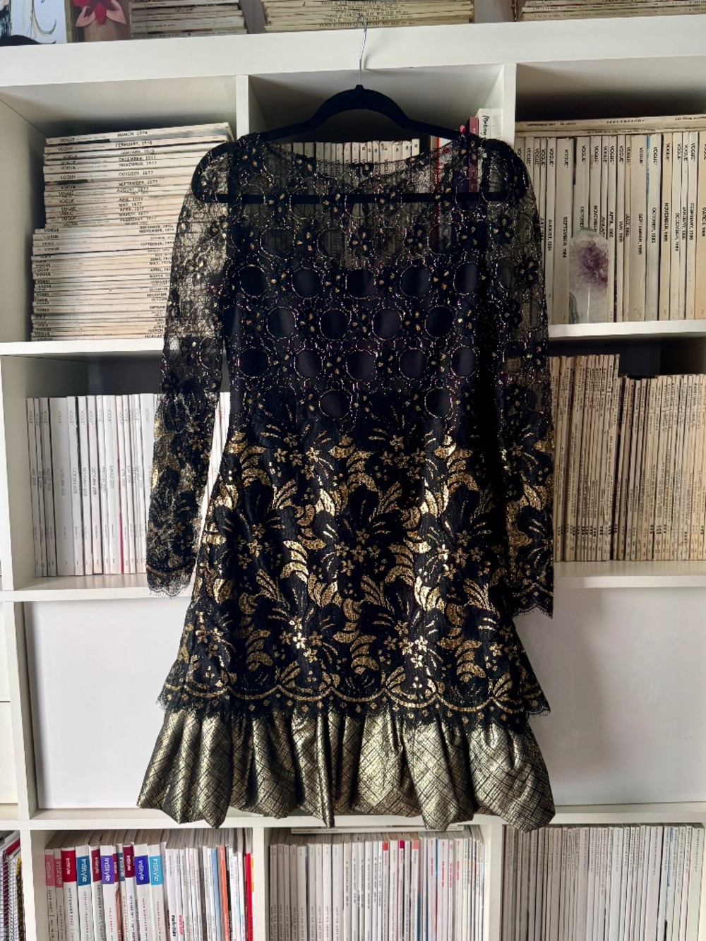 TRAVILLA Vintage Totally 80s Black Gold Lace Satin Bubble drop waist Mini Dress
